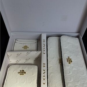 Coach White Embossed Leather Wallet, Card Case & Clutch Set with Gold Hardware